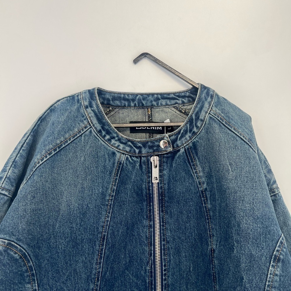 EB Denim Logan Denim Racer Moto Vintage Inspired Wide Tapered Sleeve Zip Jacket - Picture 2 of 9